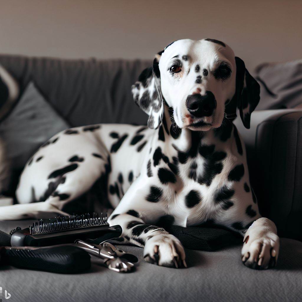 Dalmatian laying on a sofa with grooming tools